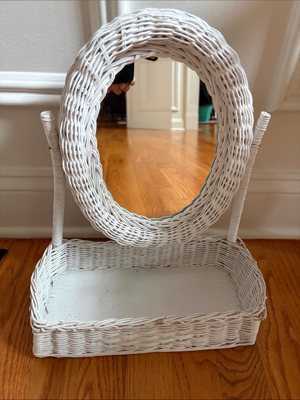 White Wicker Vanity Mirror with Tray